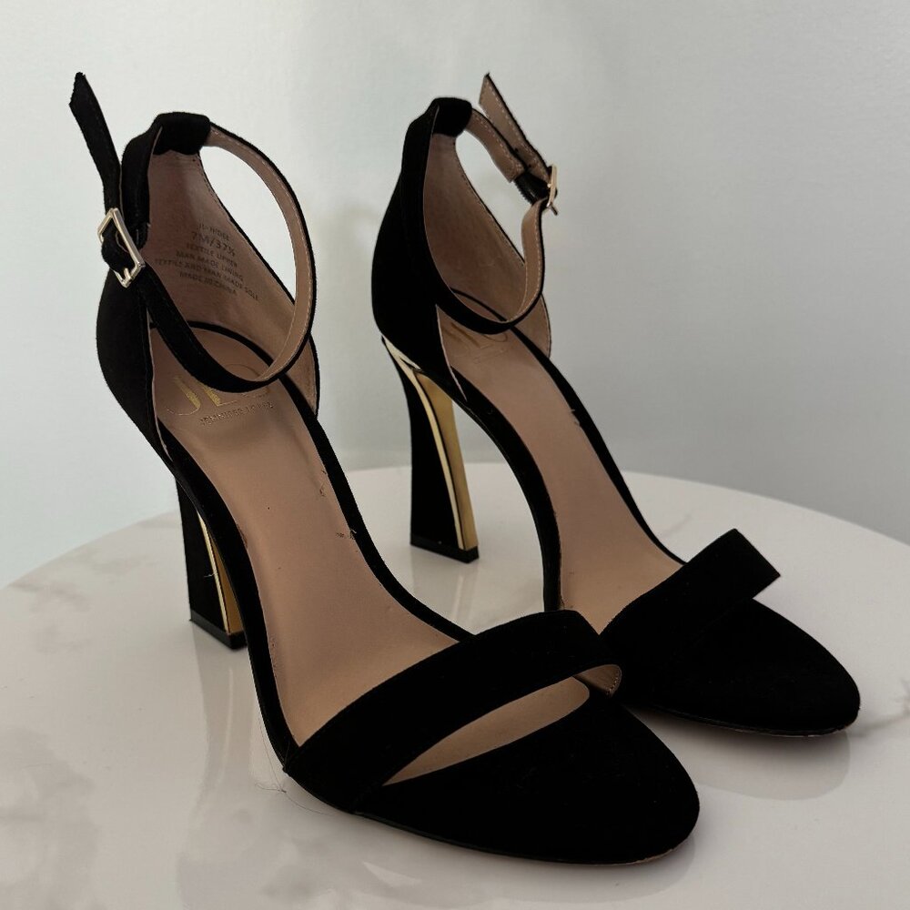 Jlo by Jennifer Lopez Hidee Heel Black and Gold Ankle Strap Heels